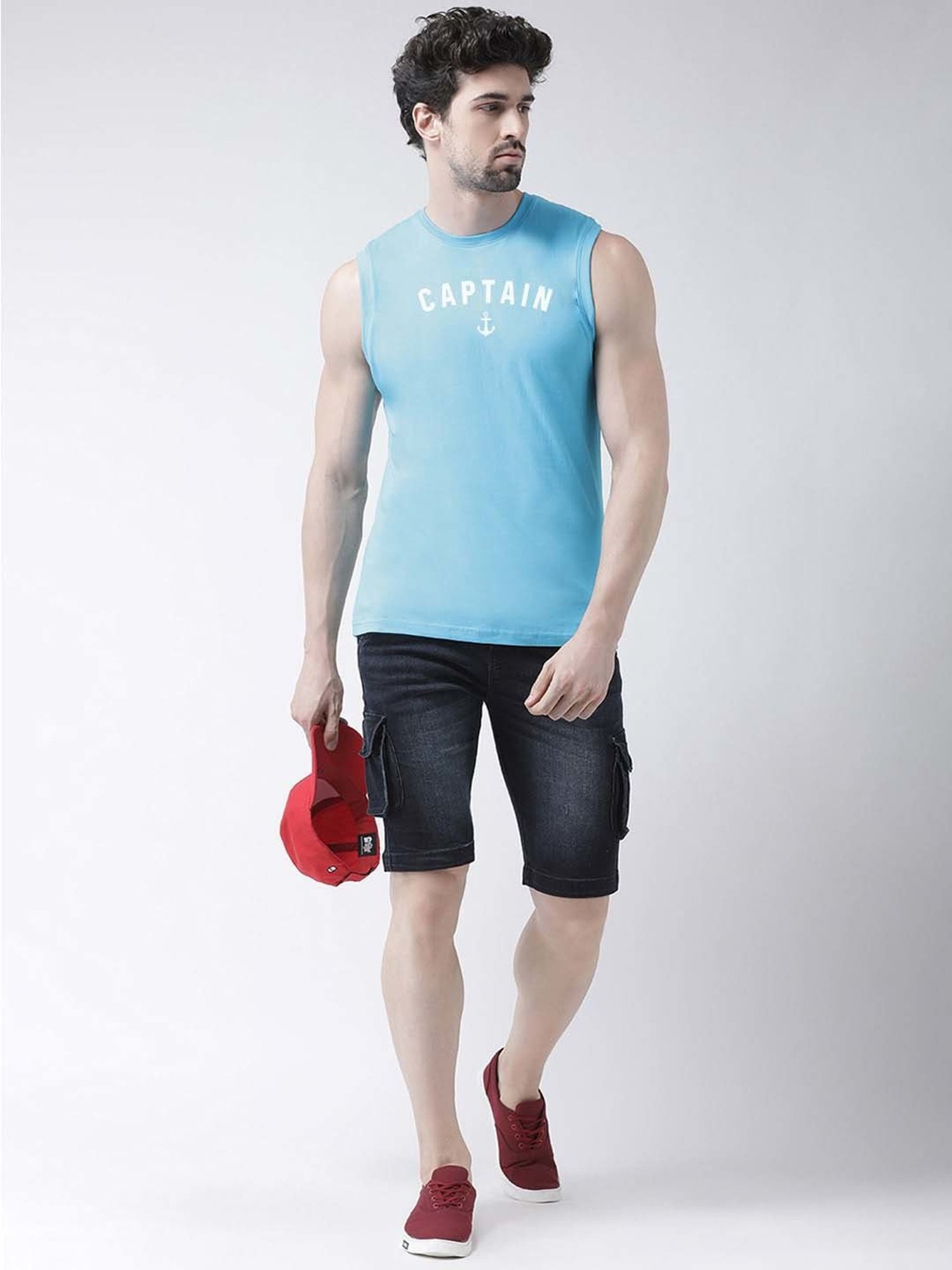 Friskers Turquoise Slim Fit Sleeveless T-Shirt
