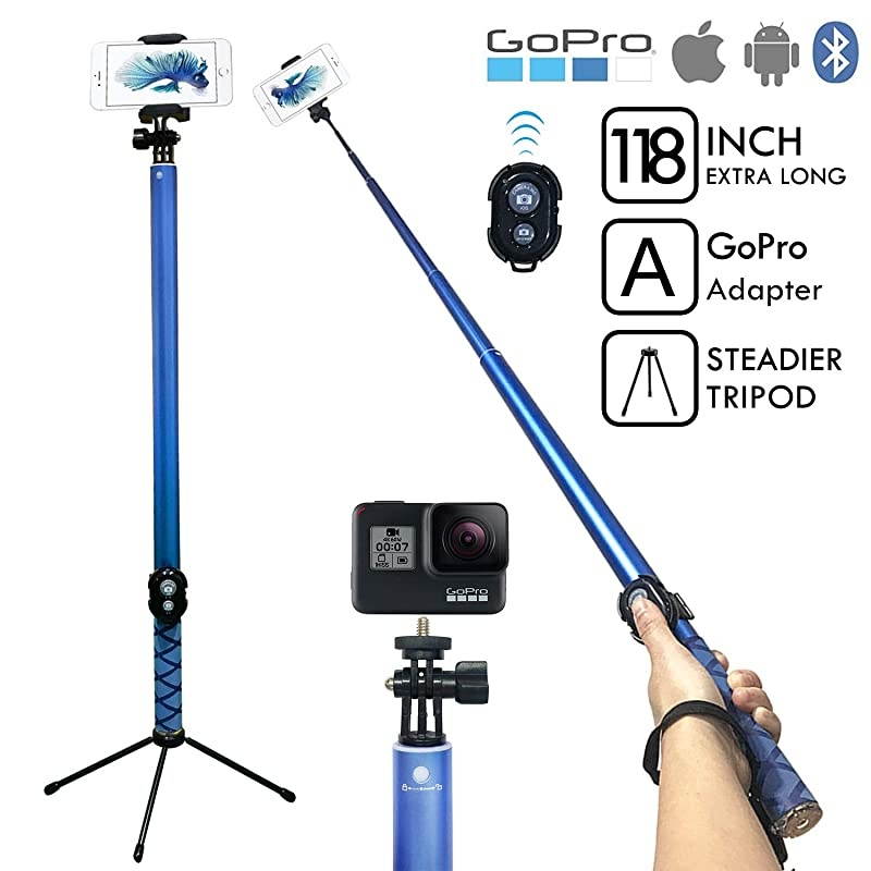 Long Selfie Stick Super Length Lightweight Extendable Pole from 20 to 118 Builtin Wireless Remote Shutter Grip Holder Mount Compatible iPhone Samsung Android Cell PhoneBlue