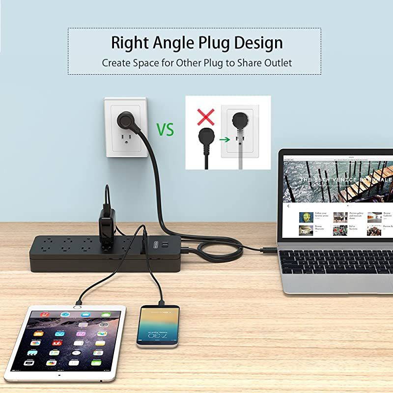 Surge Protector Power Strip,  10 Outlet Power Strip with 2 USB, Power Strip Flat Plug, 5ft Heavy-Duty Extension Cord, 15A Circuit Breaker, ETL Listed, Wall Mount for Home and Office, Black