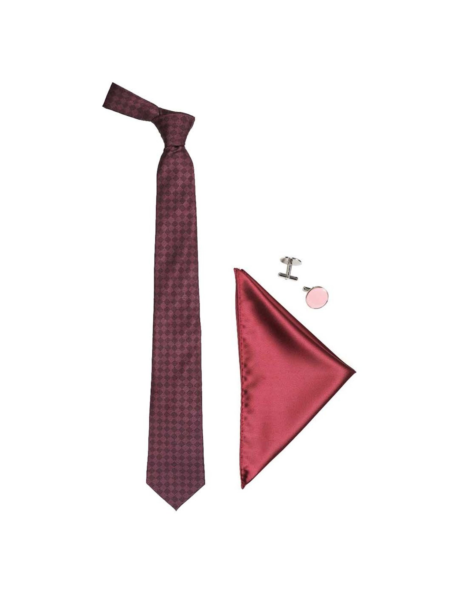 Tossido Maroon Woven Necktie With Pocket Square and Cufflinks