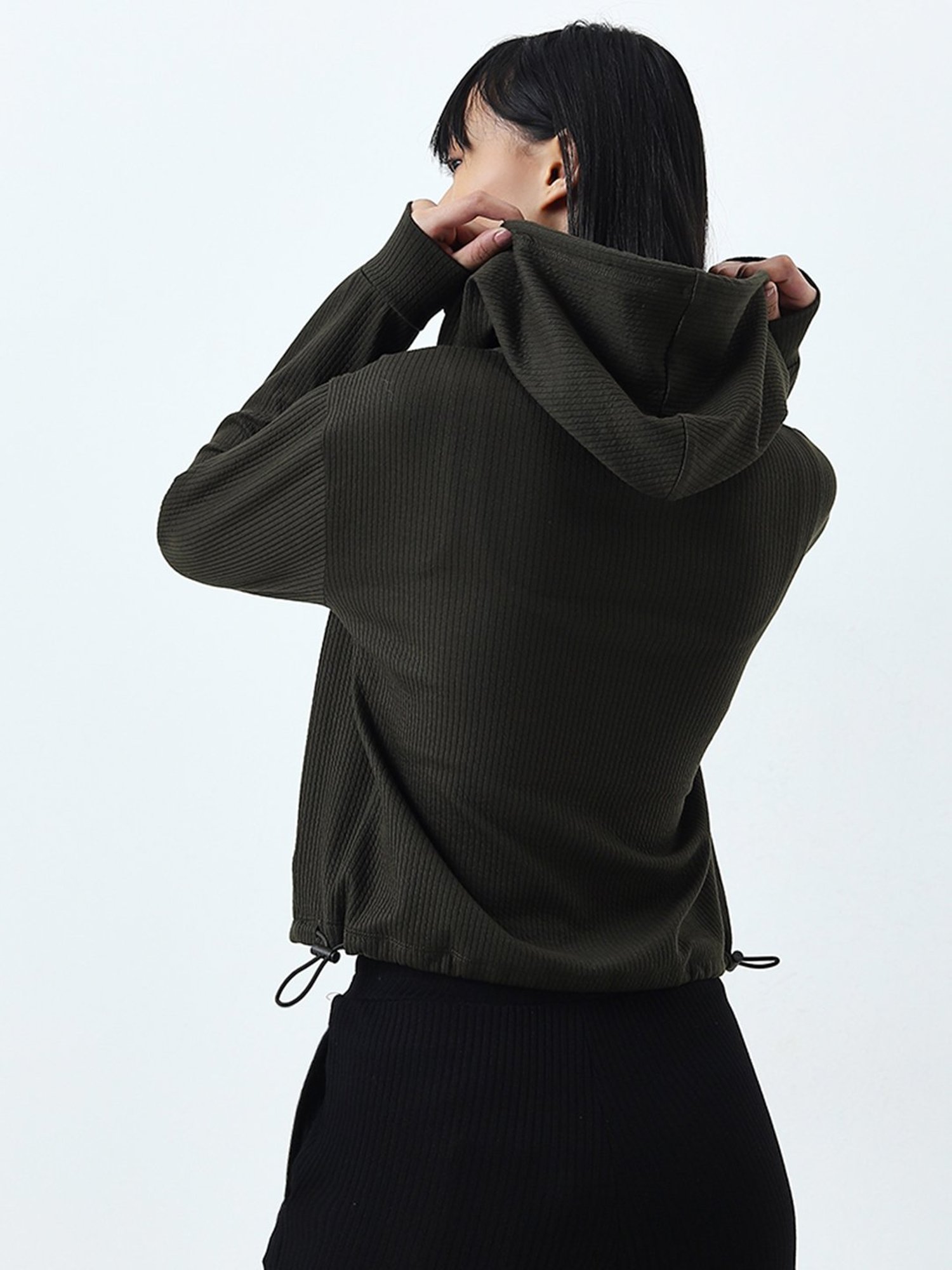 Studiofit by Westside Olive Ribbed Hoodie Jacket