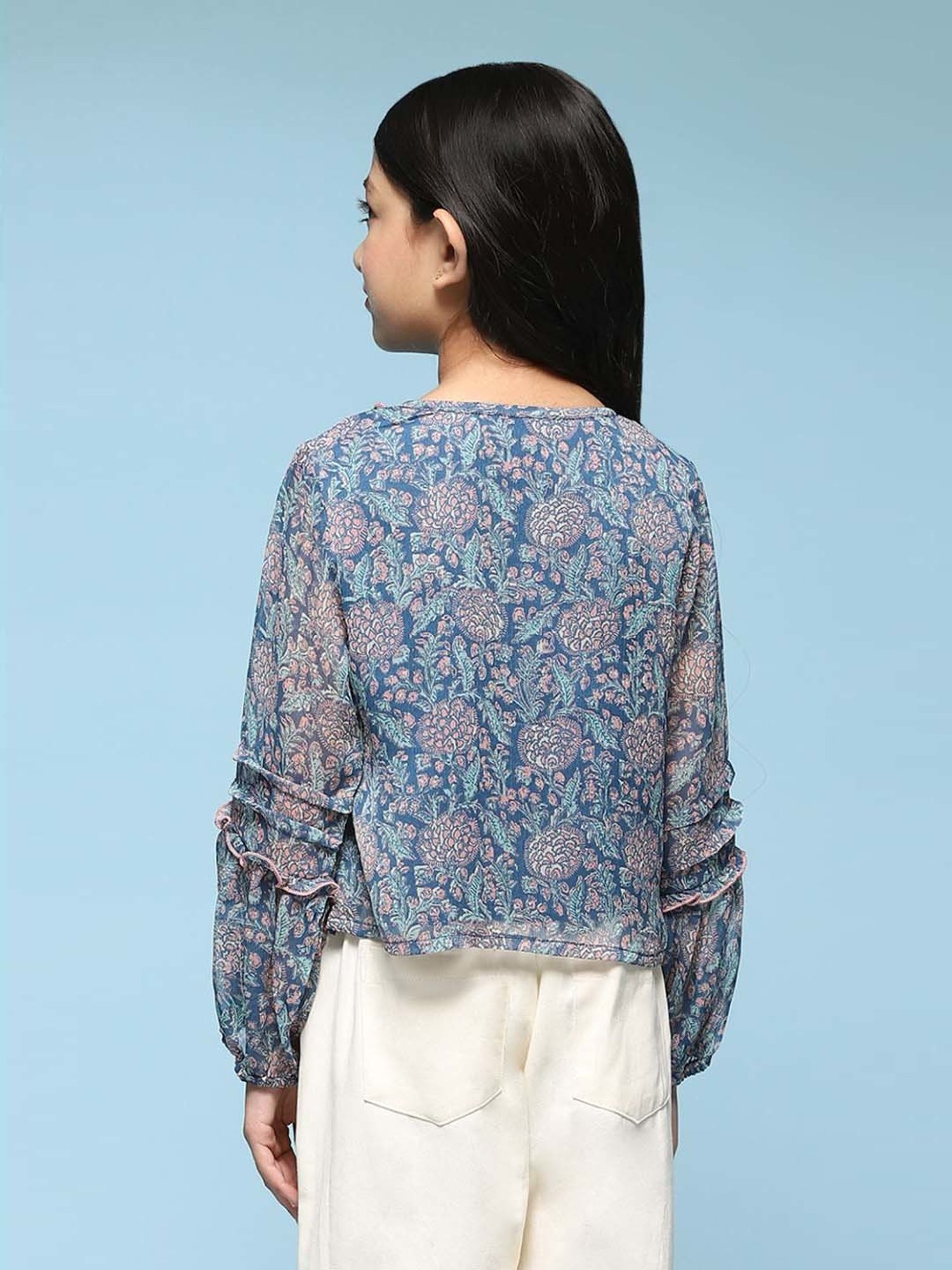 BIBA Girls Kids Blue Printed Full Sleeves Top