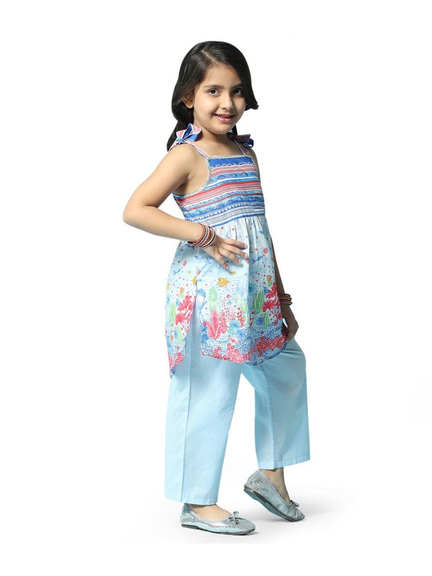 Biba Girls Powder Blue Cotton Printed Kurta Set