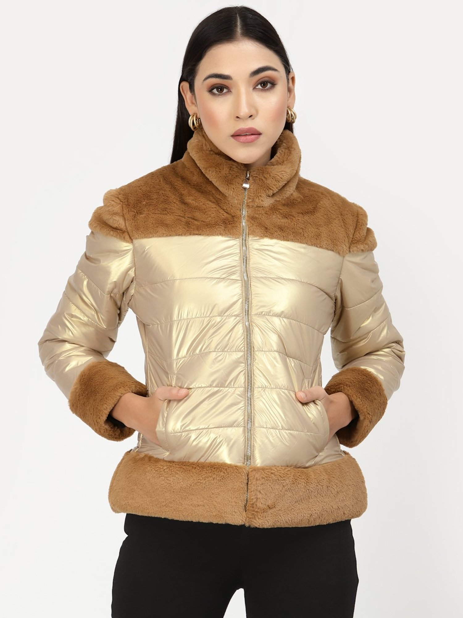 Juelle Brown & Khaki Color-Block Bomber Jacket
