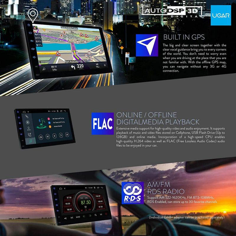 UGAR EX10-DSP 7" Android 10.0 Car Stereo 2GB 16GB with Front & Rear View Camera Head Unit Bluetooth WiFi Double Din Radio Car Audio Indash GPS Navigation Touch Screen