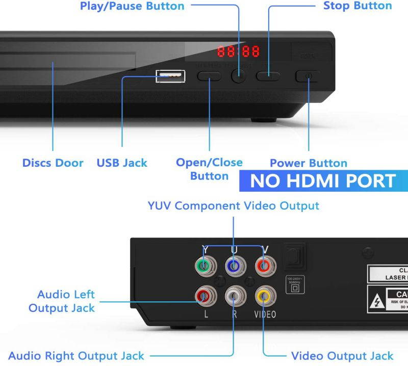 DVD Player for TV All Region Free DVD Player with AV Output and USB Input, Remote Control and AV Cable Included