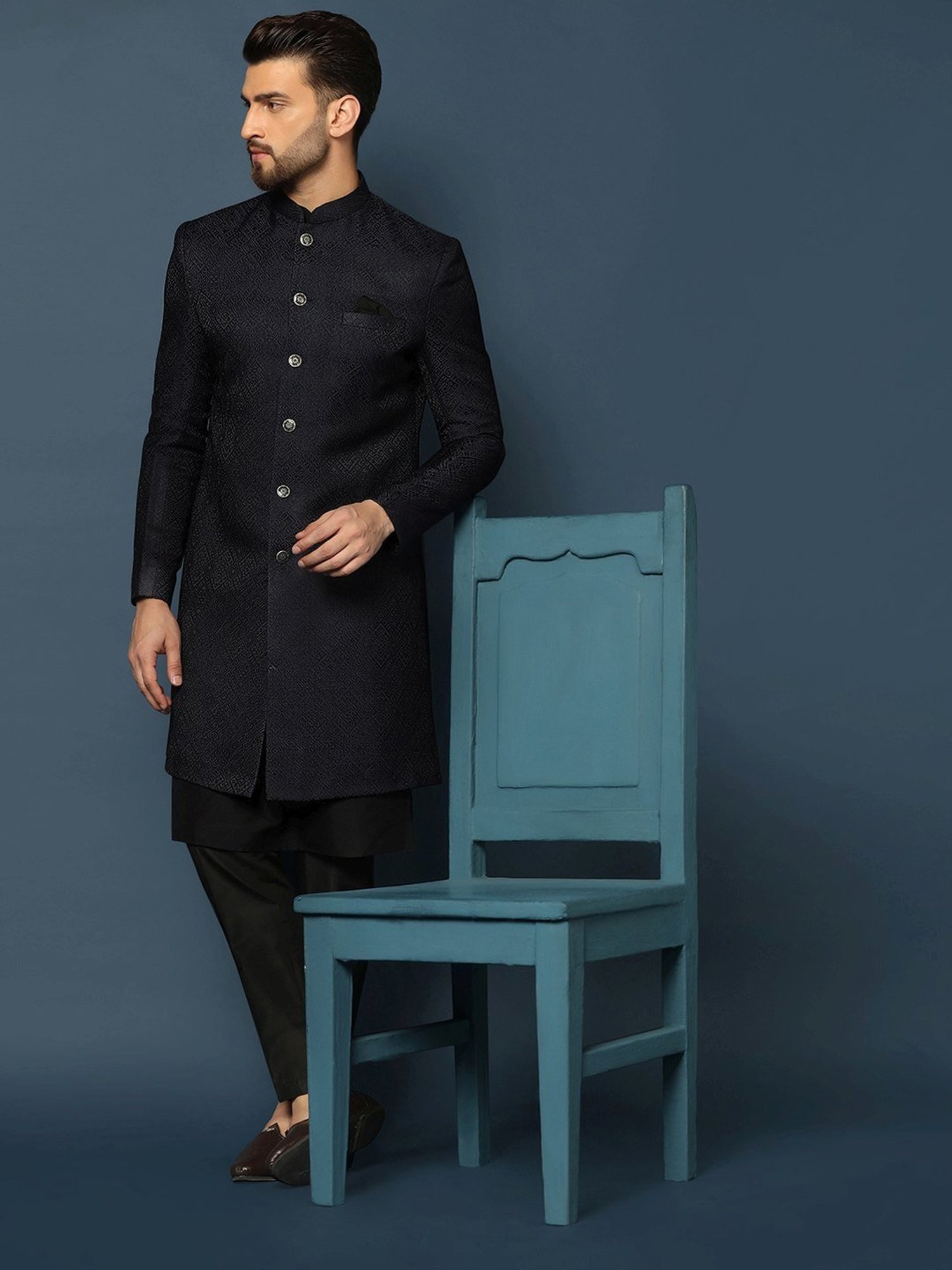 KISAH Navy Cotton Regular Fit Self Pattern Sherwani Set
