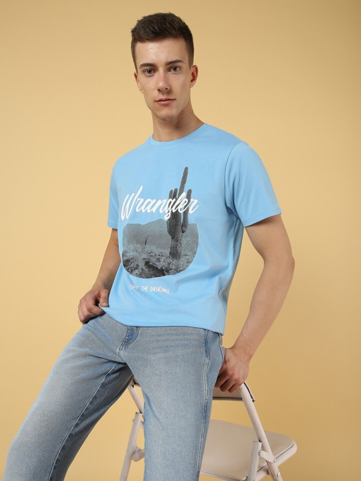 Wrangler Alaskan Blue Cotton Regular Fit Printed T-Shirt