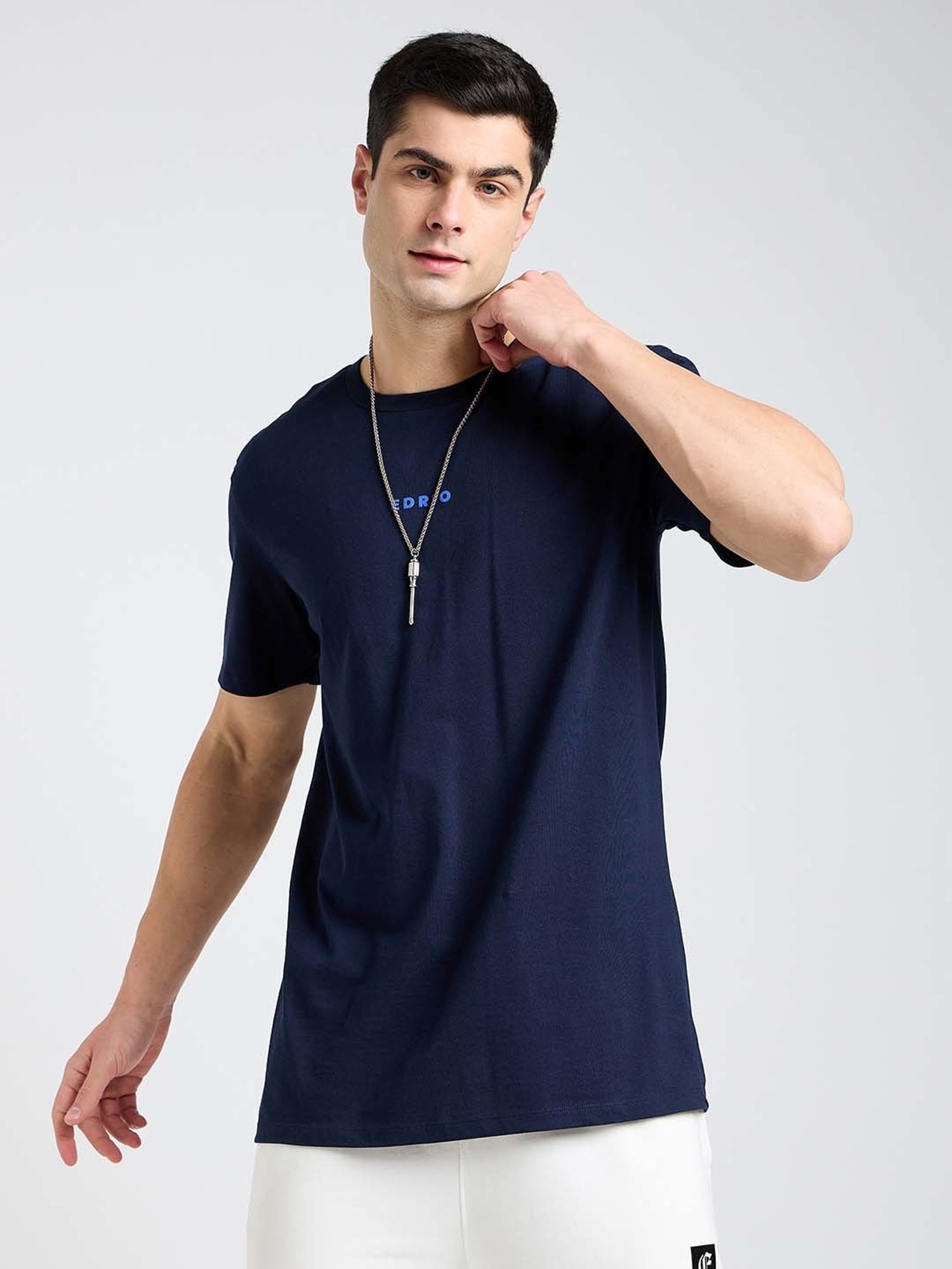 EDRIO Navy Regular Fit Graphic Print Crew T-Shirt