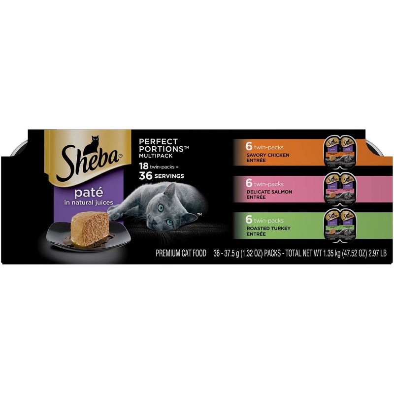 Sheba Perfect Portions Paté In Natural Juices Chicken, Salmon & Turkey Entrée Premium Wet Cat Food - 2.6oz/18ct Variety Pack