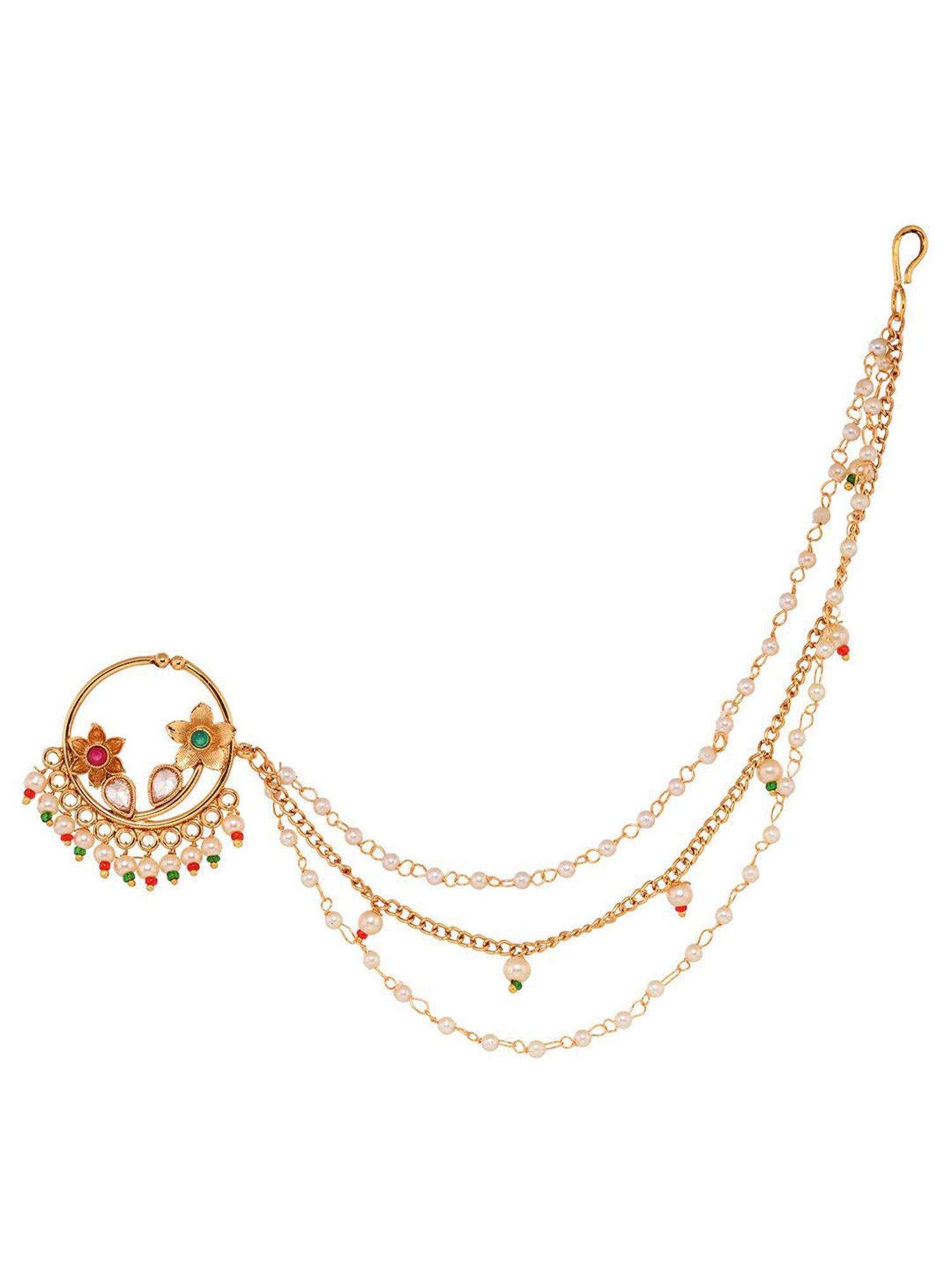 Saraf Rs Jewellery Gold Plated  Red& White Pearl Beaded Floral Nose Ring