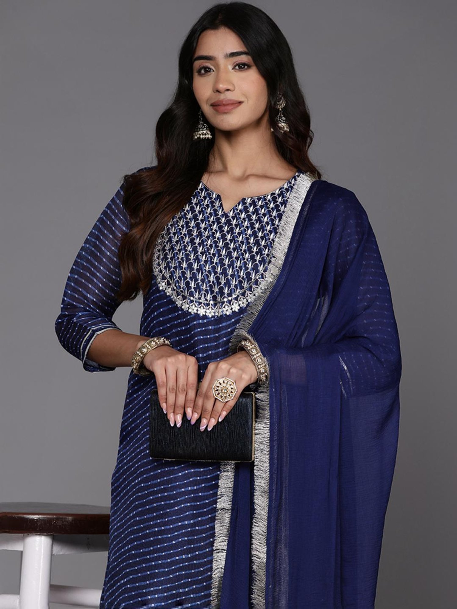 Varanga Blue Printed Kurta Pant Set With Dupatta