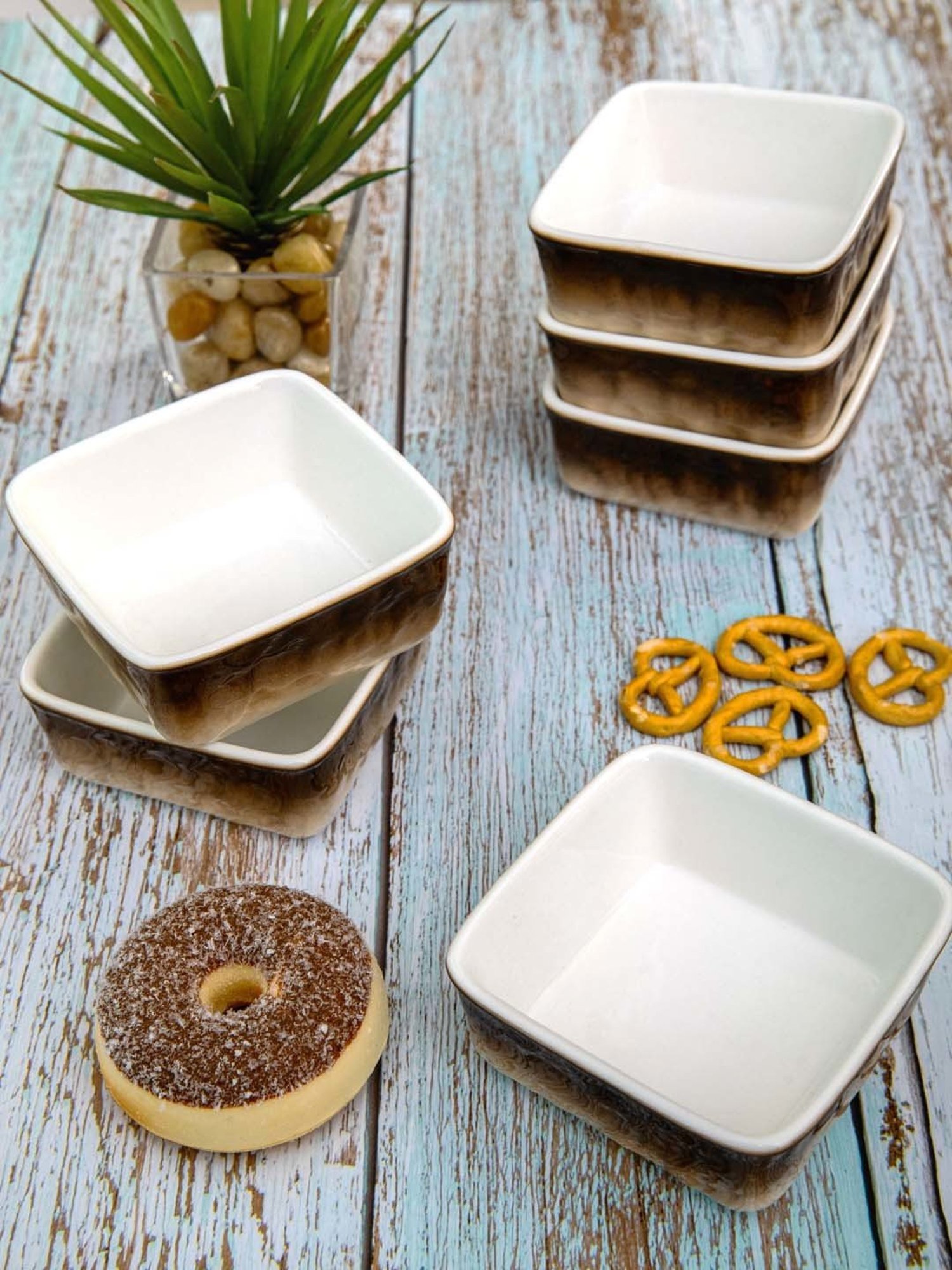 White Gold White & Brown Porcelain Bowls - Set of 6