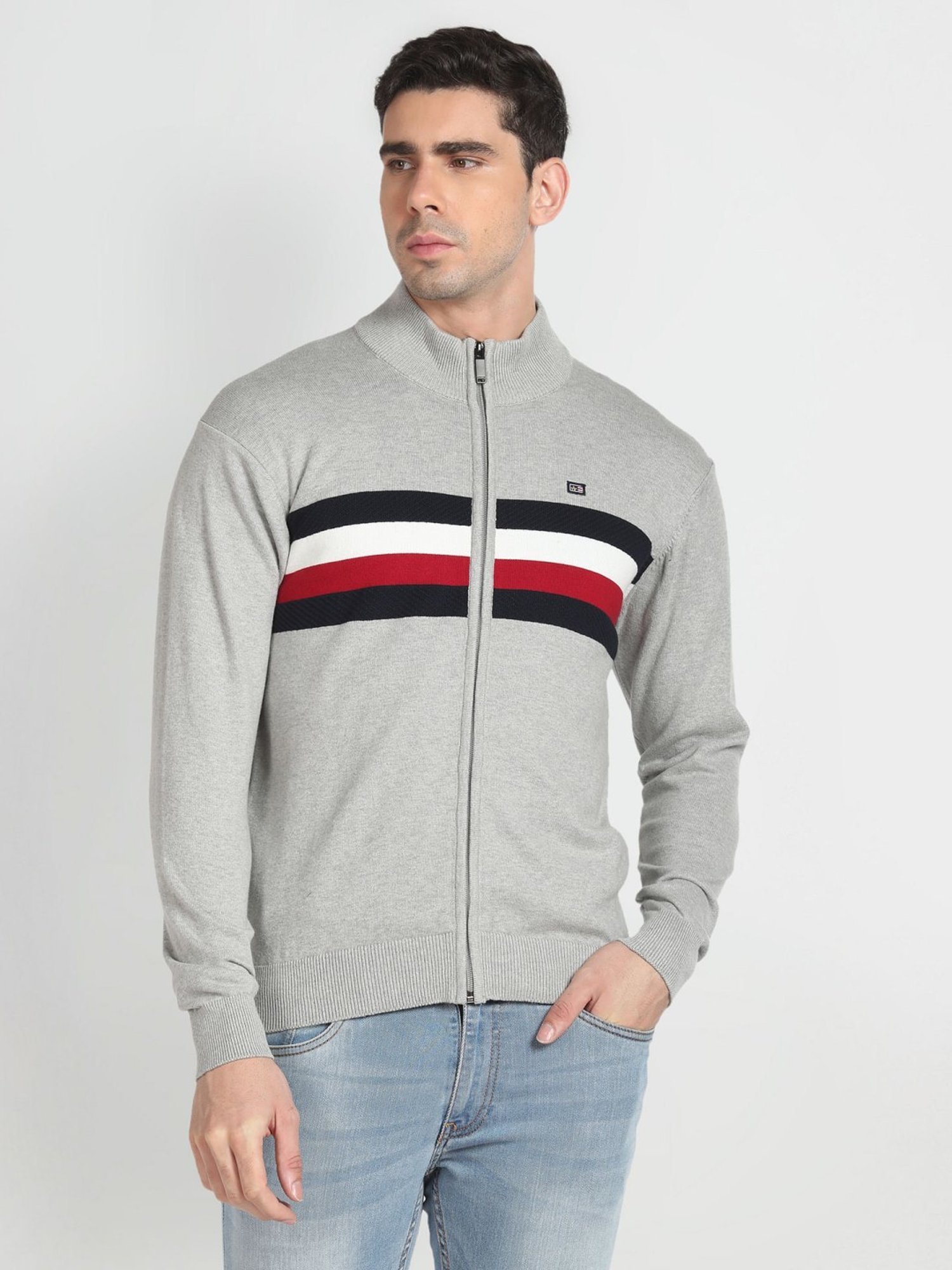 Arrow Sport Grey Cotton Regular Fit Striped Sweater