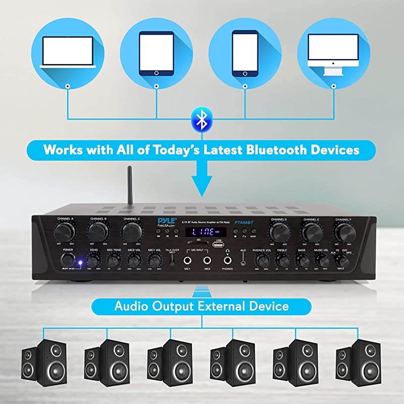 Wireless Home Audio Amplifier System Bluetooth Compatible Sound Stereo Receiver Amp 6 Channel 600Watt Power Digital LCD Headphone Jack 14 Microphone IN USB SD AUX RCA FM Radio  PTA66BT