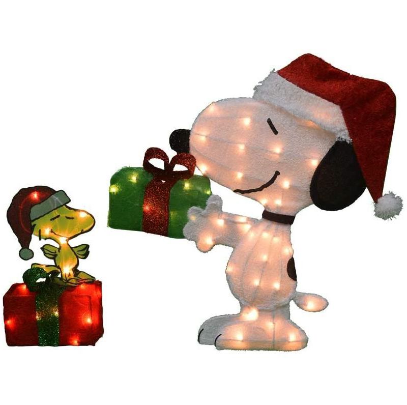 26" Peanuts 2D Pre-Lit Yard Art Animated Snoopy And Woodstock On Gift