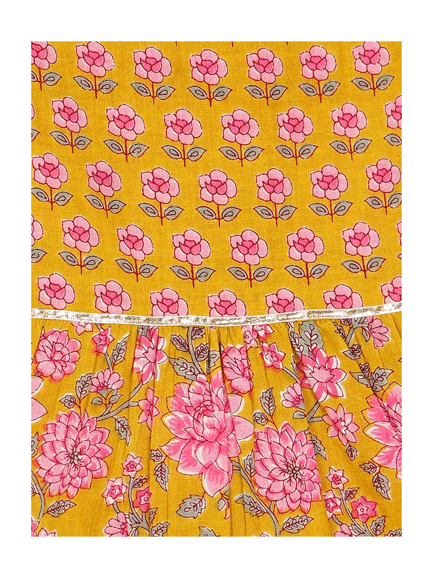 Budding Bees Girls Mustard & Pink Floral Print Top, Sharara & Scrunchies