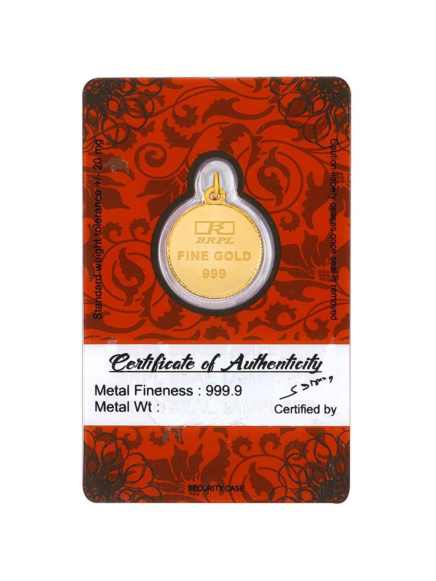 Bangalore Refinery Cross 24k (999) 2.5gm Gold Coin cum Pendant