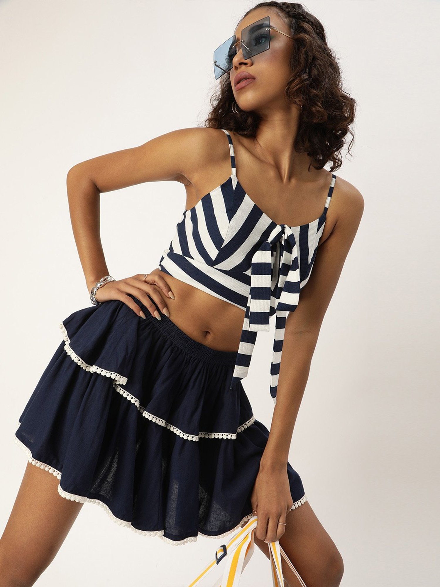 QUIERO Navy Striped Crop Top With Skirt