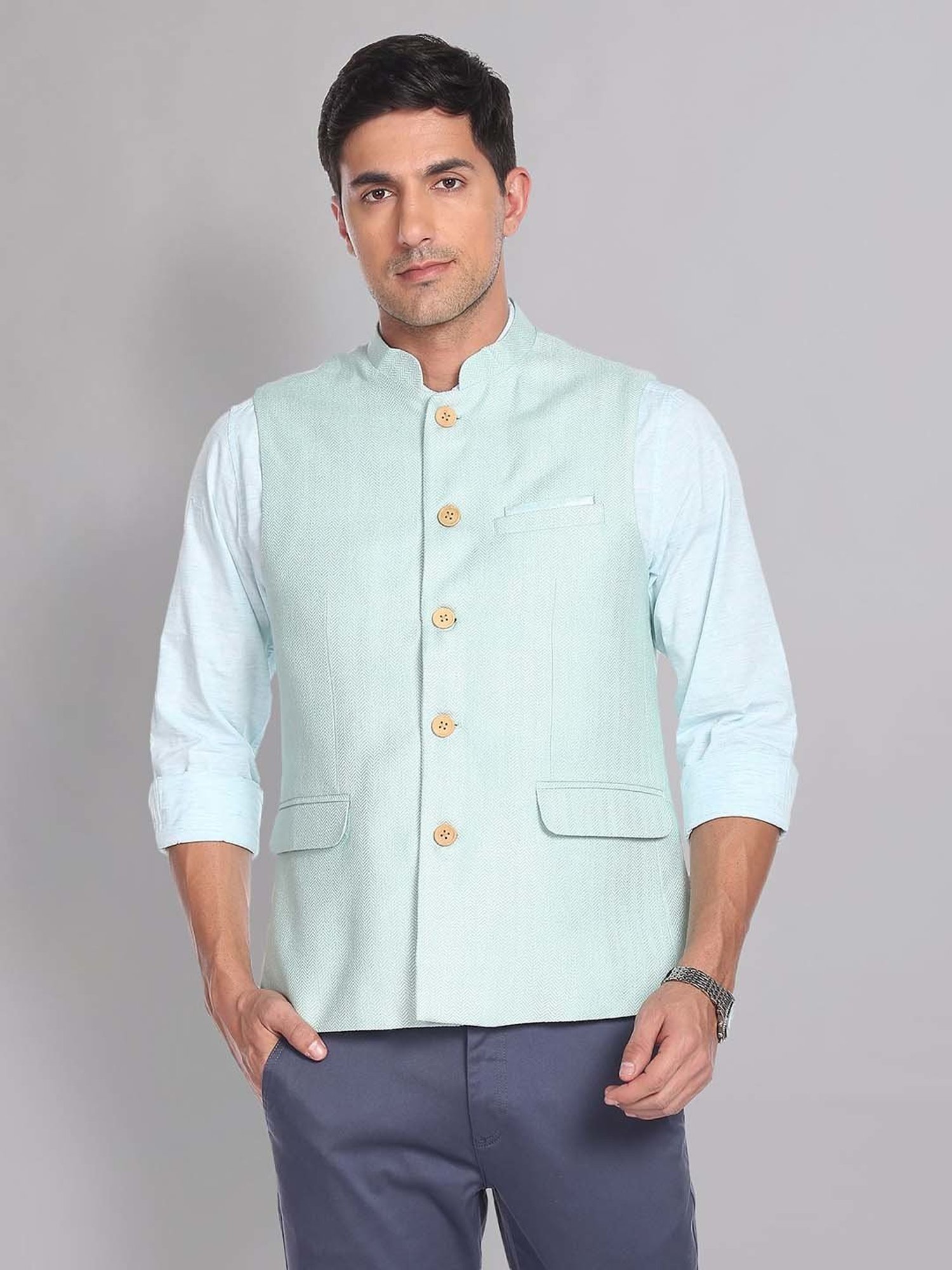 AD by Arvind Mint Green Mandarin Collar Self Design Nehru Jacket
