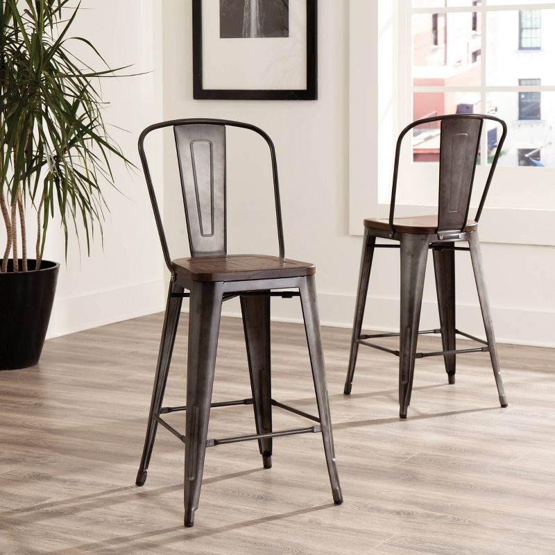 Set of 4 26" Industrial Modern High Back Galvanized Steel Counter Height Barstool with Solid Ash Wood Seats Gunmetal/Walnut - OFM