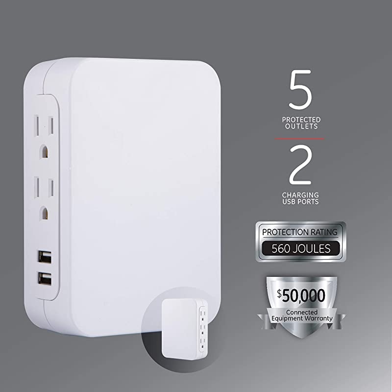USB Charging Sur Protector 5 Outlet 2 USB Ports Wall Charr Fast Char Side Access 24A 560 Joules Protection Rating White Finish 38314