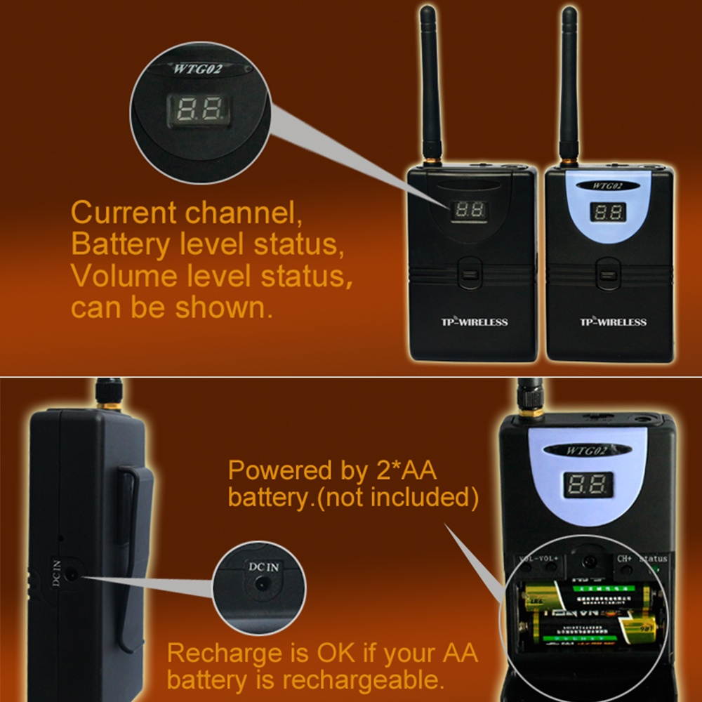 TP-WIRELESS 2.4GHz Wireless Audio Tour Guide Acoustic Transmission System Headset Microphone 1 Transmitter 1 Receiver with Lanyard
