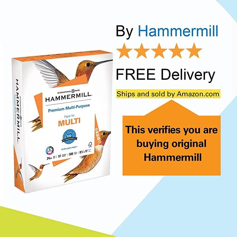 Printer Paper, Premium Multipurpose Paper 24 lb, 8.5 x 11 - 5 Ream (2,500 Sheets) - 97 Bright, Made in the USA, 105810C