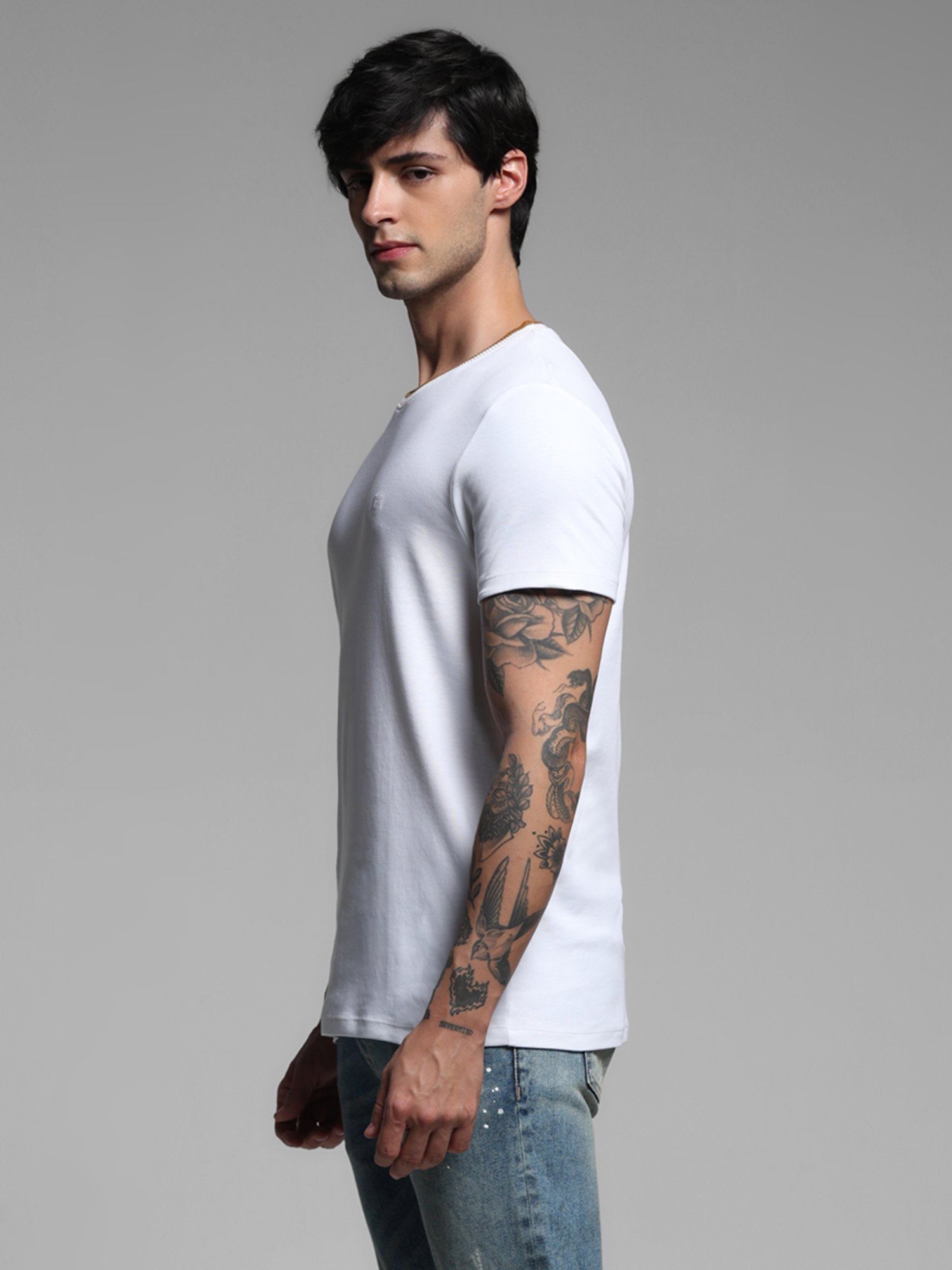 Jack & Jones White Cotton Slim fit Solid T-Shirts