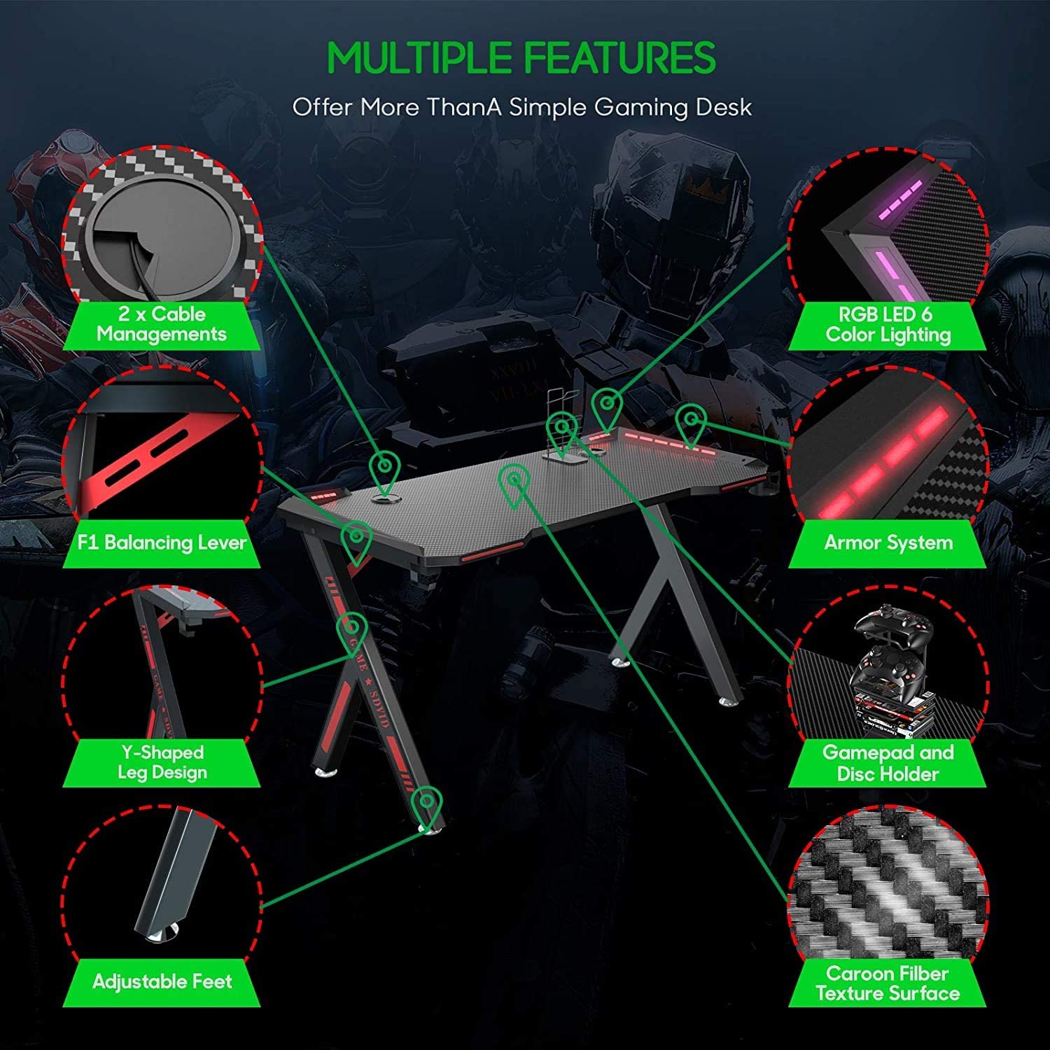 Gaming Desk with LED RGB Lights 47 Inch PC Computer Desk Home Office Desk Y Shaped Gamer Setup Accessories for Sons' Gift Game Table with Gamer Handle Rack, Cup Holder & Headphone Hook Black