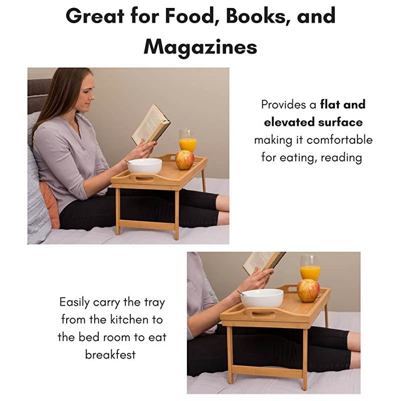 Lap Desk Bed Tray - Bamboo Table - Handles - Foldable Breakfast Serving Tray - Pull Down Legs - Portable Laptop Stand - Natural
