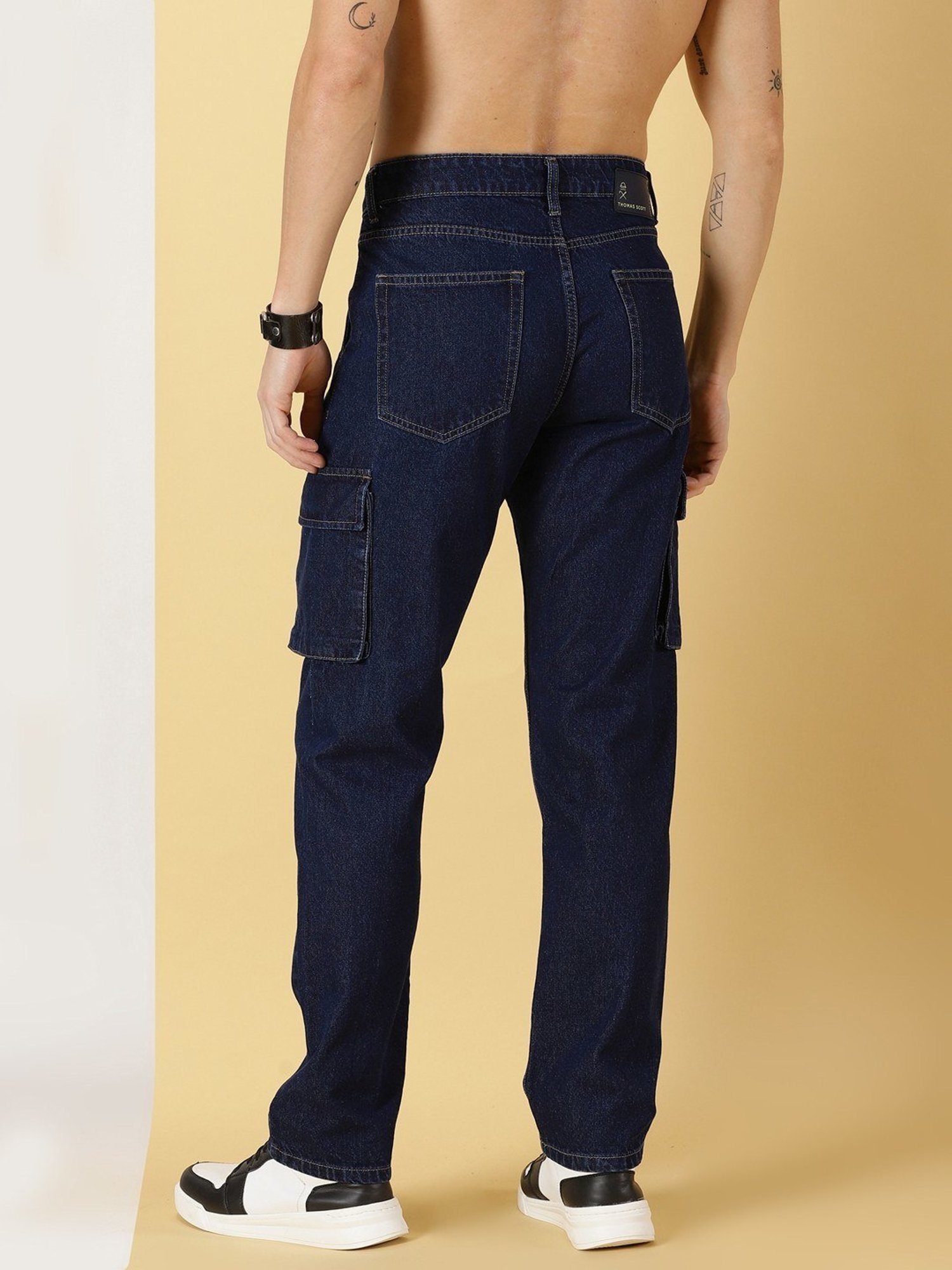 Thomas Scott Mid Blue Cotton Relaxed Fit Cargo Jeans