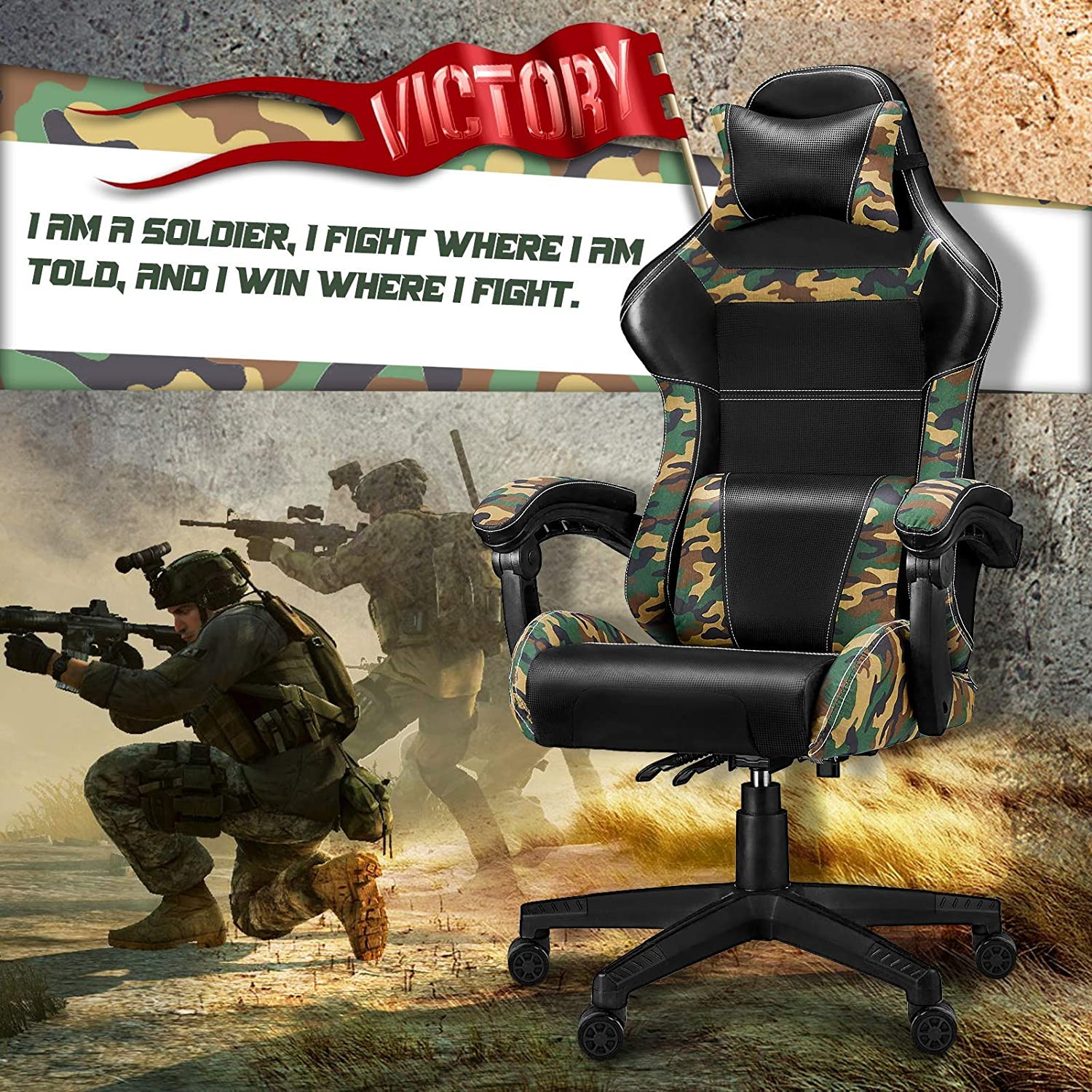 Gaming Chair Camo PC Video Game Chairs Camouflage Office Computer Chair Tall Back with Carbon Fiber Leather Comfortable Adjustable Armrest Headrest and Lumbar Support for Adults/Men/Teens/Kids/Boys