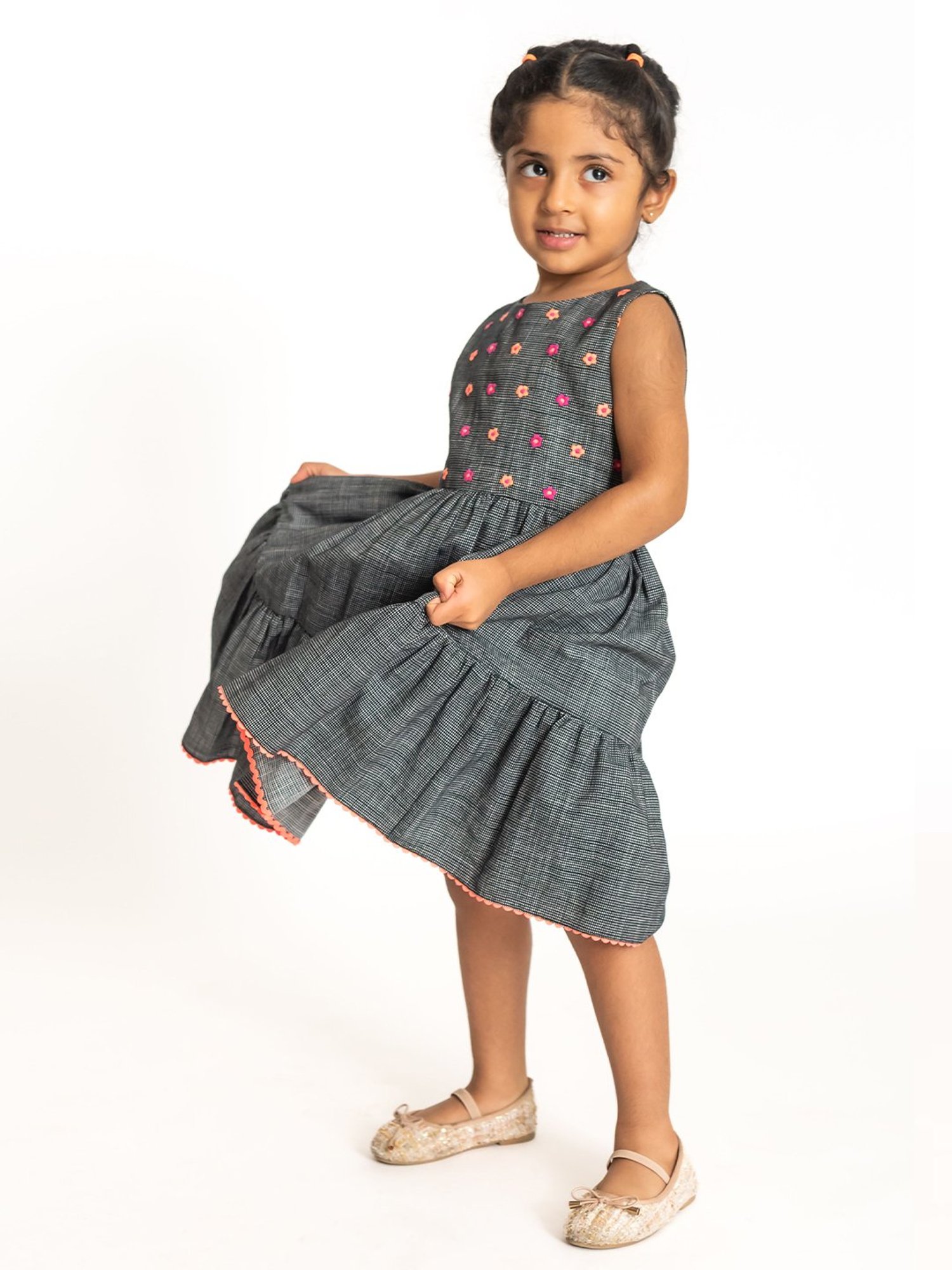 A Little Fable Kids Grey Cotton Embroidered Dress