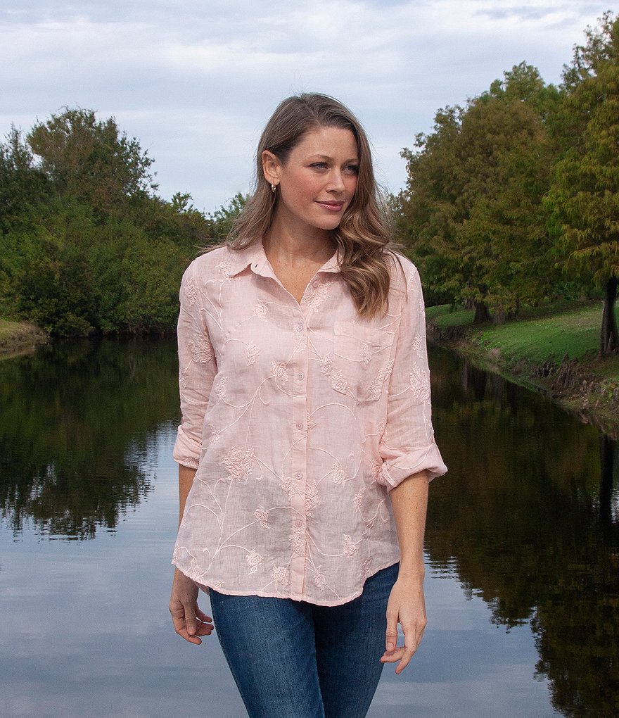 Karyn Seo Delilah All-Over Vintage Tonal Embroidered Roll-Tab Sleeve Button Down Linen Shirt