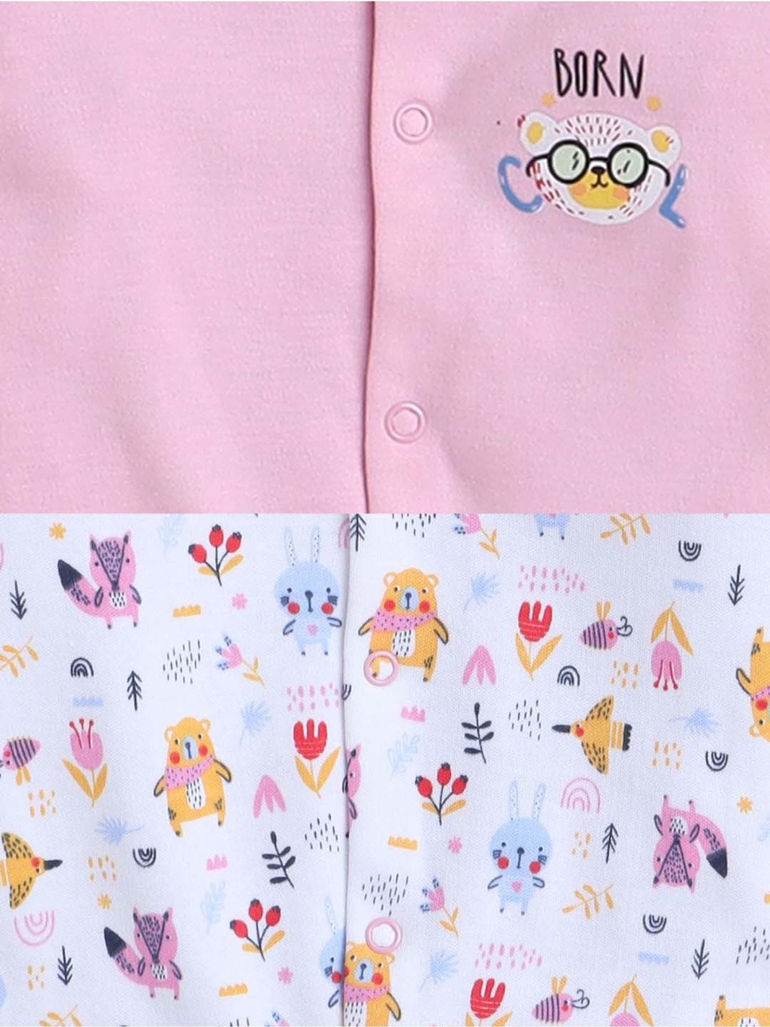 Bumzee Kids Pink & White Cotton Printed Full Sleeves Sleepsuit (Pack of 2)