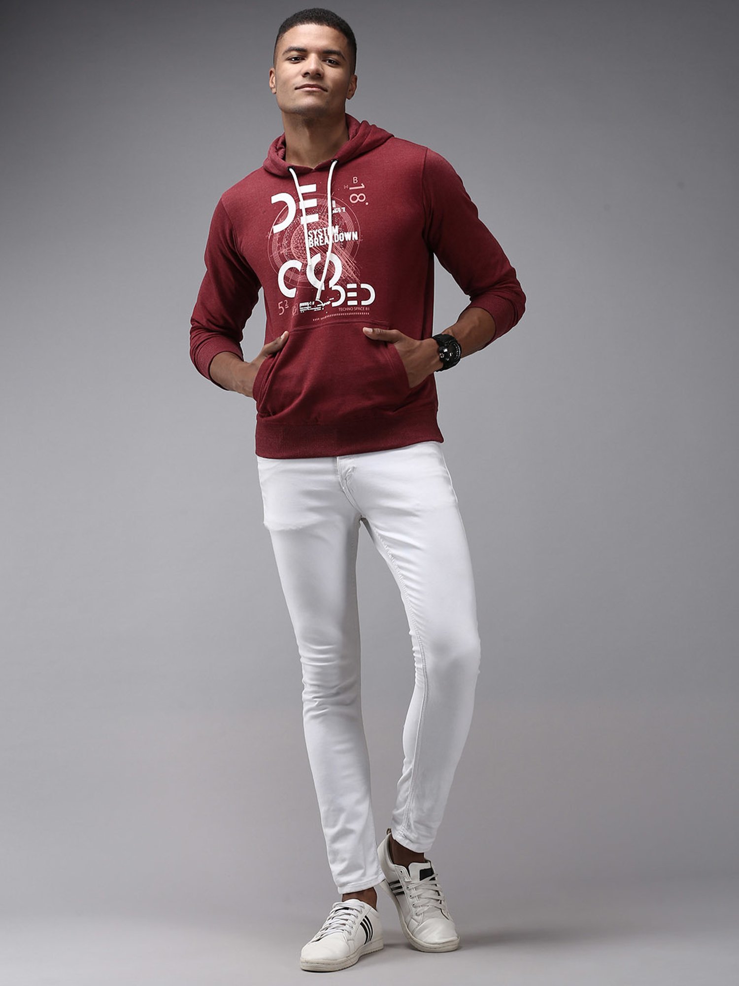Showoff Maroon Cotton Regular Fit Printed Hooded Sweatshirt