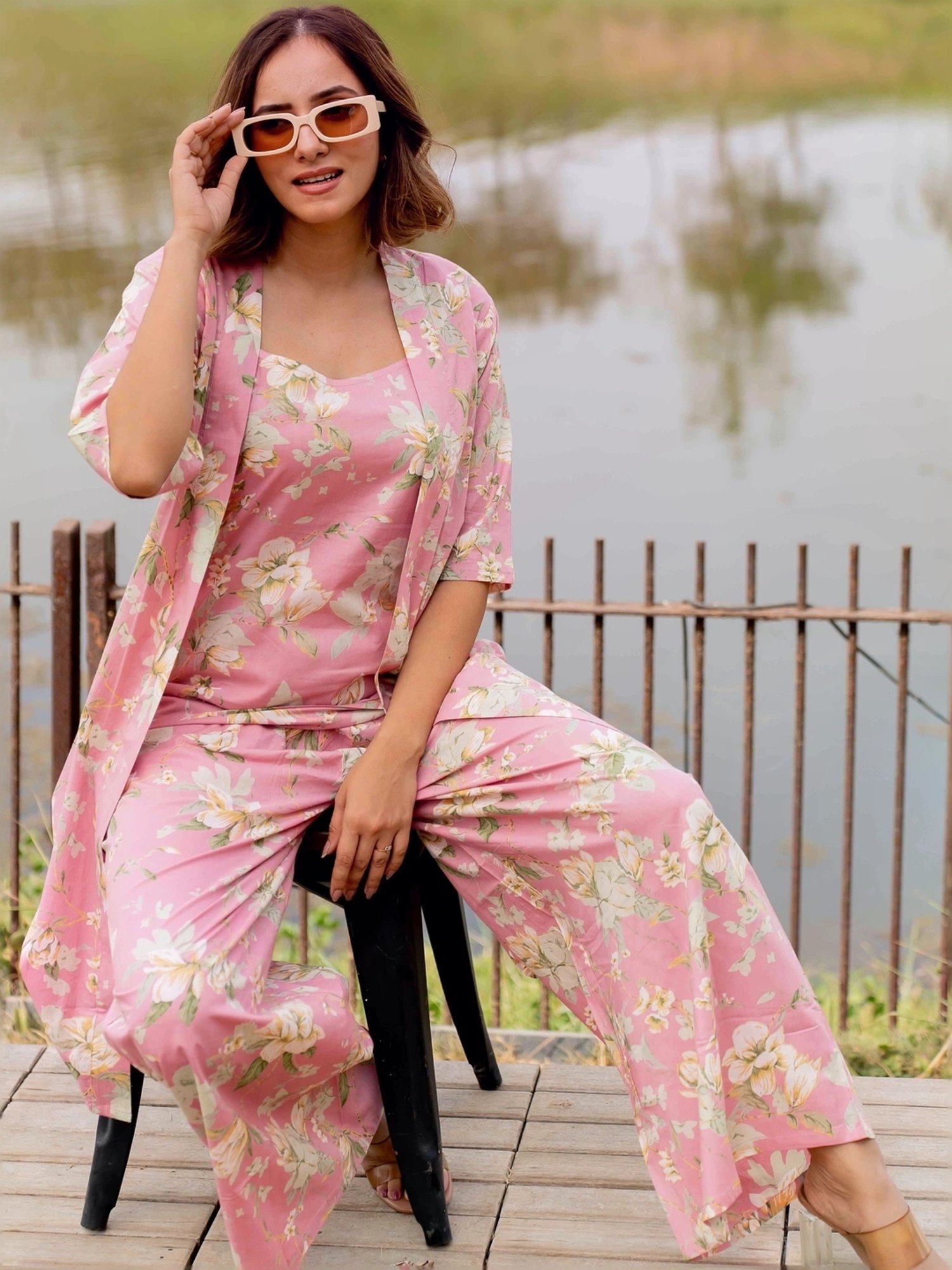 MIRCHI FASHION Pink Cotton Printed Top Palazzo Set With Shrug
