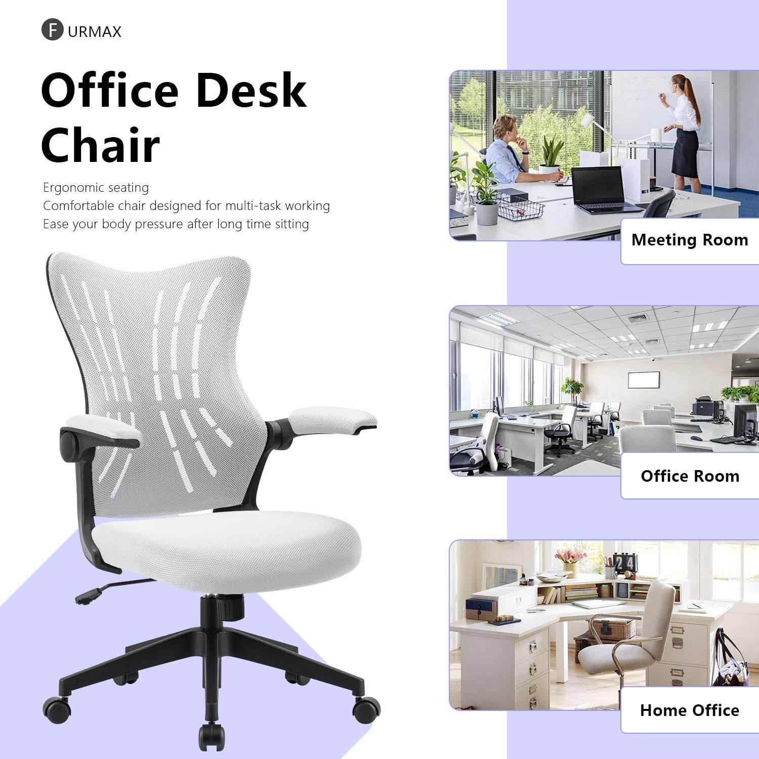 Furmax Office Desk Chair with Flip Up Arms, Mesh Mid Back Computer Chair Swivel Task Chair with Ergonomic Lumbar Support (White)