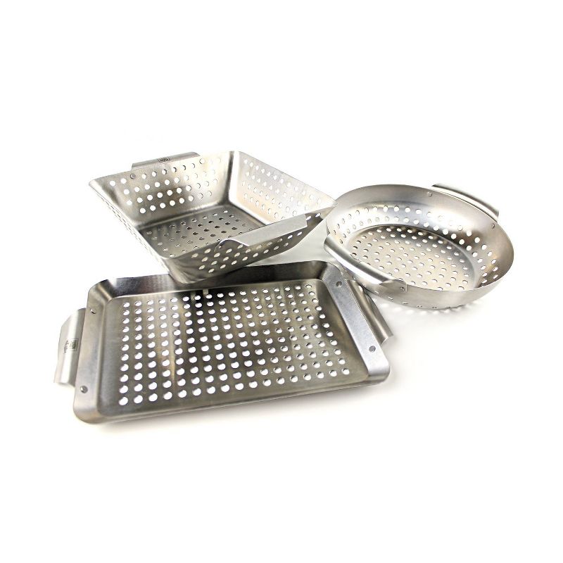 Yukon Glory Set of 3 Professional Barbecue Mini Grilling Basket Set, Heavy Duty Stainless Steel Perforated Grill Baskets for Grilling Veggies, Seafood, and More.