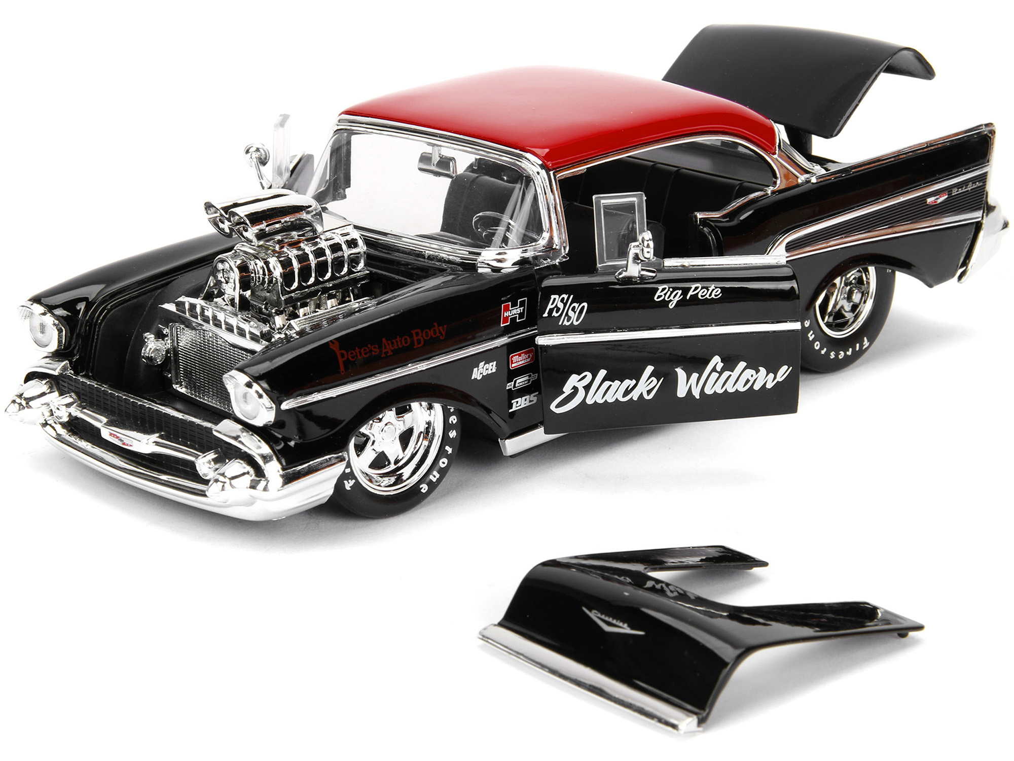 1957 Chevrolet Bel Air Black with Red Top "Pete's Auto Body: Black Widow" "Bigtime Muscle" Series 1/24 Diecast Model Car by Jada