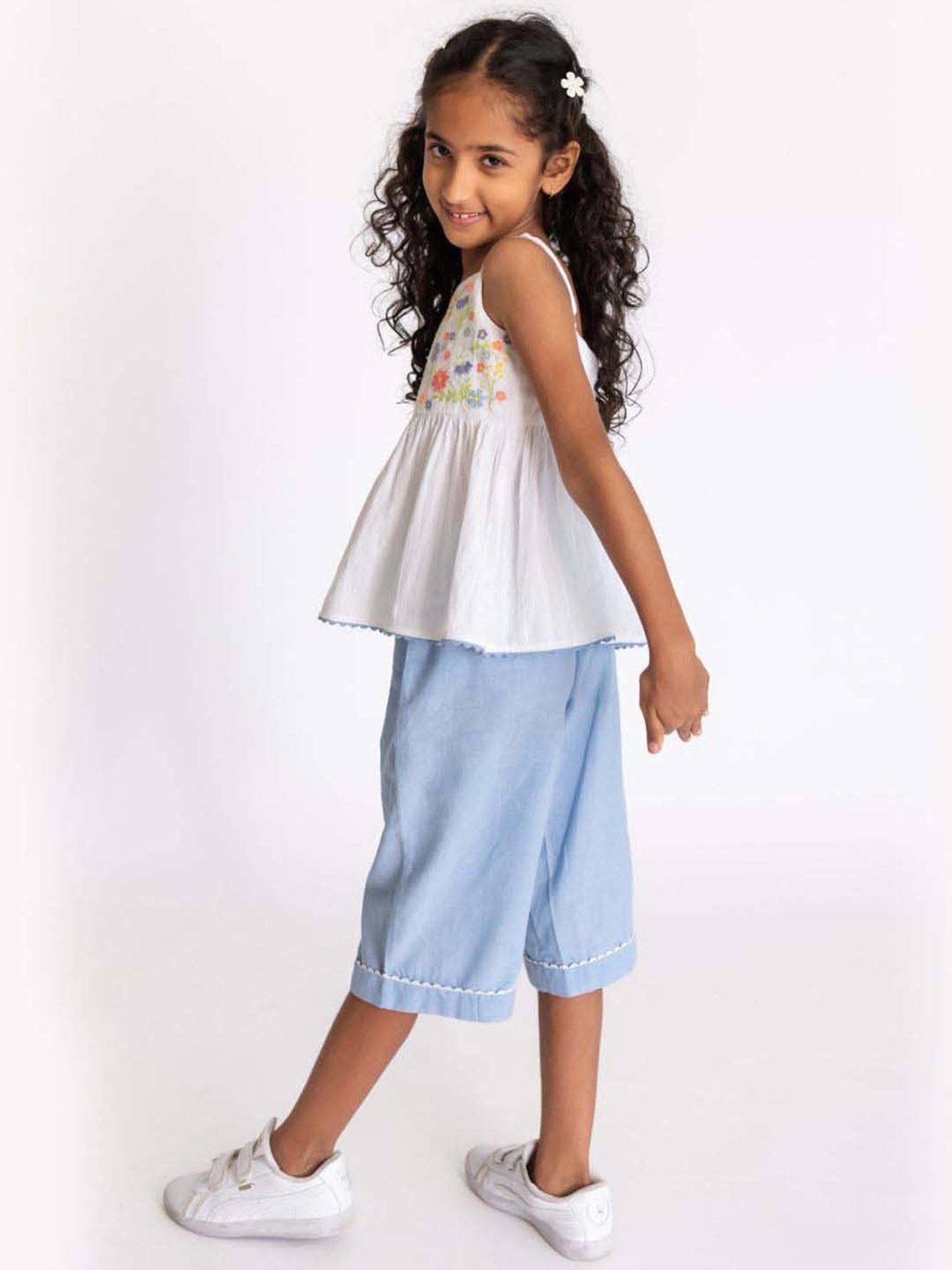 A Little Fable White & Blue Cotton Floral Print Top Set