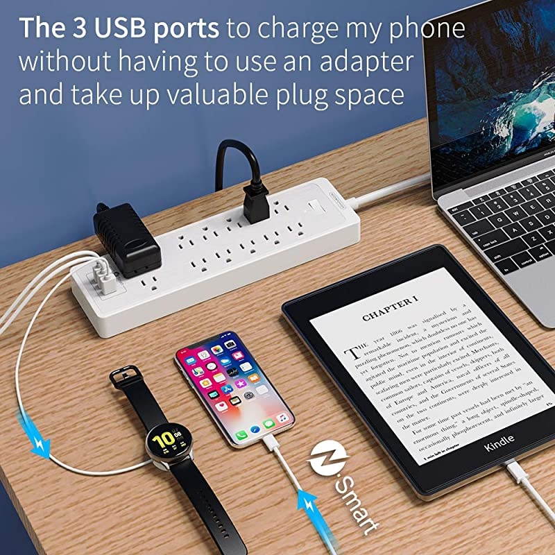 Power Strip with USB,  Flat Plug Surge Protector, 10 Ft Extension Cord ,12 Outlets and 3 USB Ports, 2100 Joules,1875W/15A, Wall Mount for Home Office Accessories, White