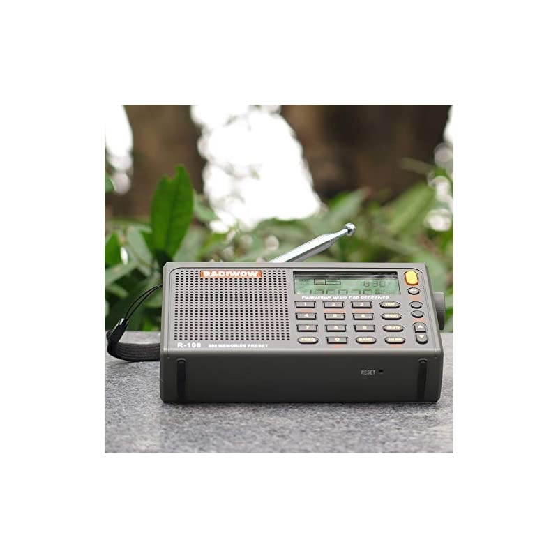 R108 FM StereoLWMWSWAIR BandDSP Full Band Portable Radio with Headphones Jack and Antenna Jack Sleep Timer and Alarm Clock 500 Memories preset Stations 100 preset for Each Band