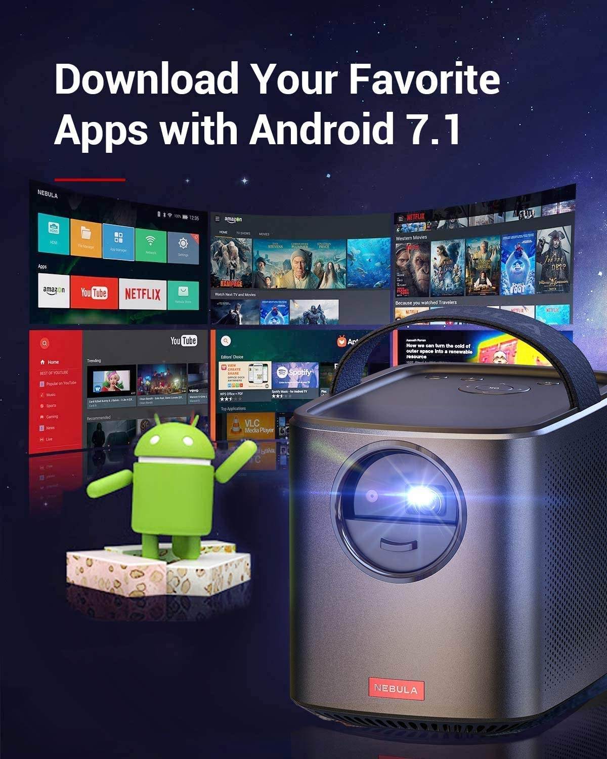 Nebula, by Anker, Mars II 300 ANSI Lumen Home Theater Portable Projector with 720p 30 to 150 Inch DLP Picture, Outdoor Projector, 10W Speakers, Android 7.1, 1-Second Autofocus