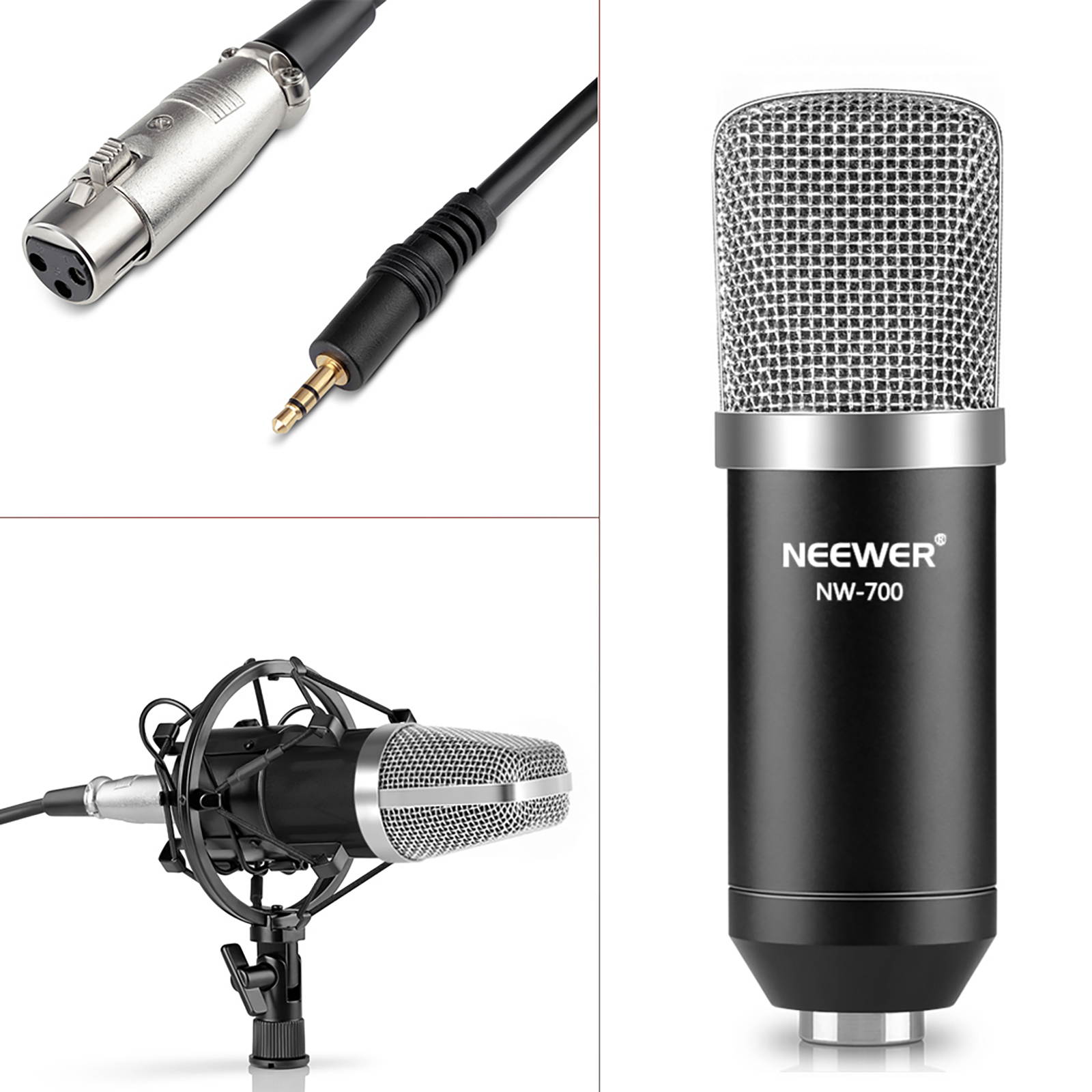 Neewer NW-700 Professional Condenser Microphone & NW-35 Suspension Boom Scissor Arm Stand with XLR Cable and Mounting Clamp & NW-3 Pop Filter & 48V Phantom Power Supply with Adapter Kit