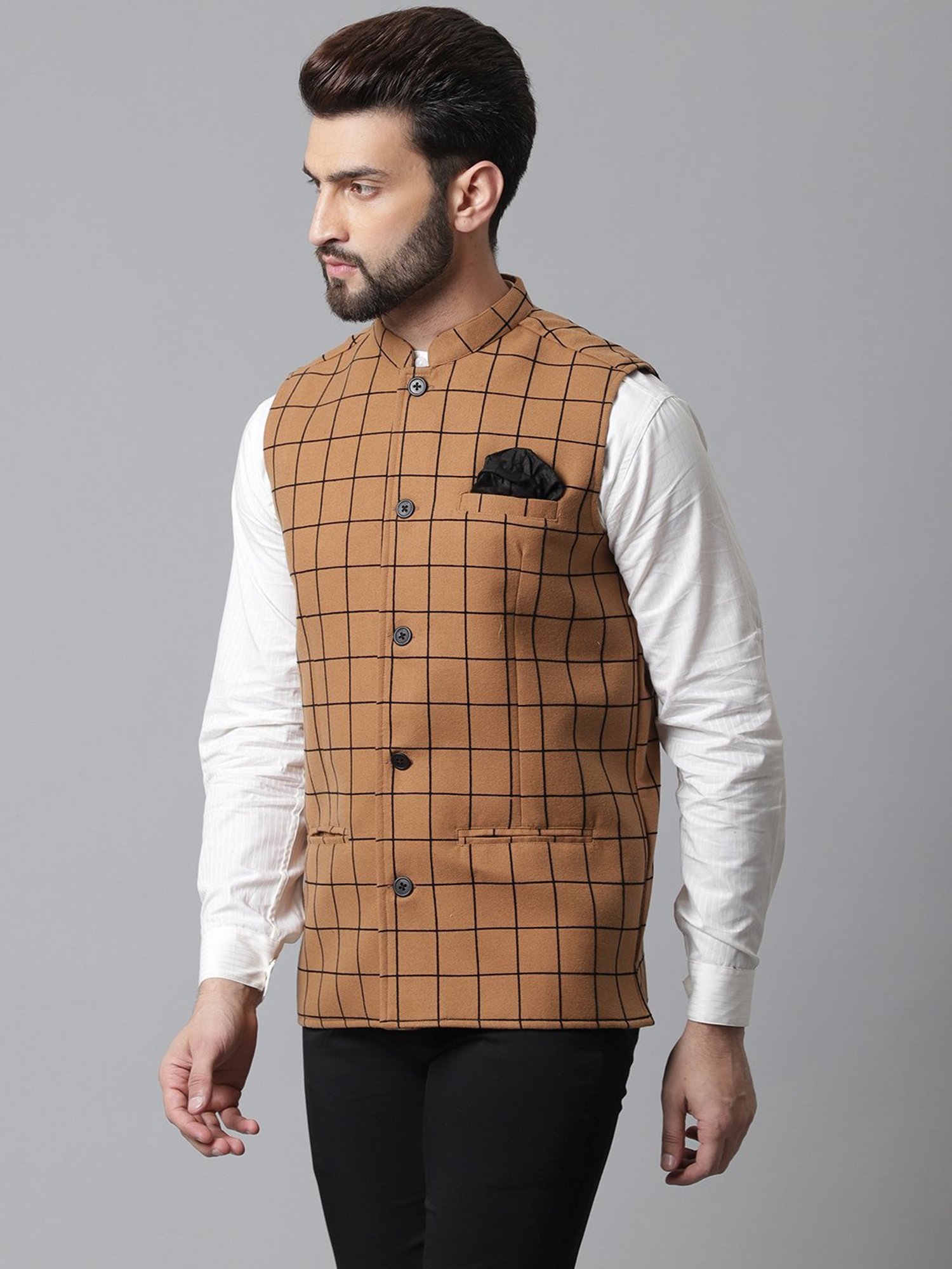 Even Beige Regular Fit Checks Nehru Jacket