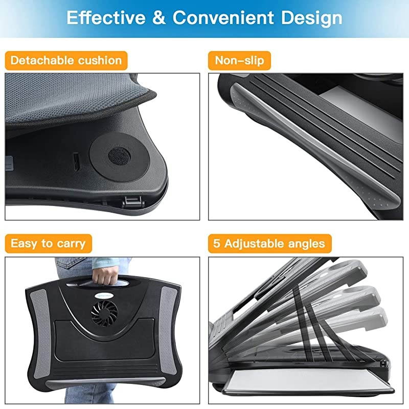 Adjustable Lap Desk with Cooling Fan, Fits 15.6 Inch Laptops, Comfortable Laptop Desk Stand with 5 Adjustable Angles, Detachable Mouse Pad & Mesh Cushion Base