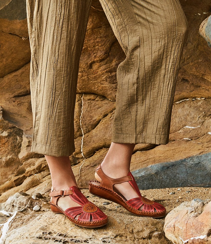 Pikolinos Puerto Vallarta 655 Leather Cut-Out Detail T-Strap Wedge Sandals