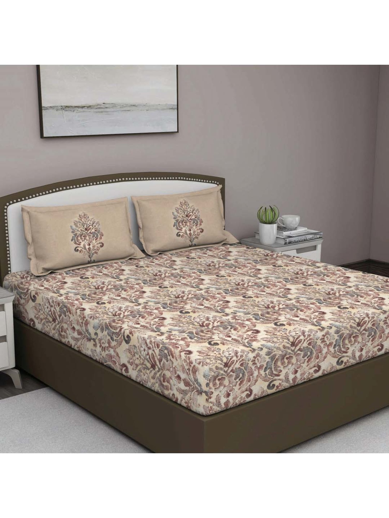 GM 'Fiesta' Brown Cotton 180 TC Double Bedsheet with 2 Pillow Covers